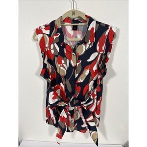 ANN TAYLOR STRETCH Blue/Red Floral Sleeveless Top w/ Tie Waist  SZ-12 E2